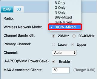 Etapa 4. Se você selecionou B/G/N-Mixed, N somente, ou G/N-Mixed em etapa 3, escolha a largura de banda wireless em sua rede. Caso contrário, vá para o passo 6.