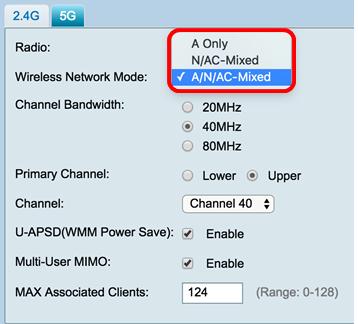 Etapa 3. Na lista de drop-down do modo de rede Wireless, escolha um modo de rede Wireless. As opções são: Um único Opera-se entre 5.725 gigahertz a 5.850 gigahertz e apoia-se até o 54 Mbps.