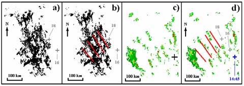 A Figura 6 apresenta a acumulação de todos ecos com Z>40 dbz, no RM, durante quase 5 horas. A cada hora de evolução do SCM é apresentada pela própria cor.