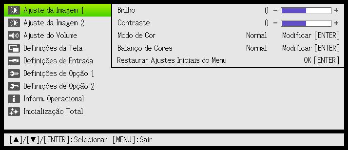 Uso do menu de configuração (MENU) Pressionar a tecla [MENU] exibe o menu de configuração mostrado abaixo na tela de projeção.