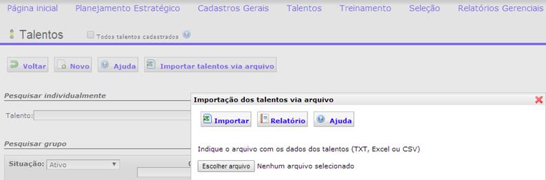 Importação de Talentos O arquivo (Excel ou Txt) já deverá estar