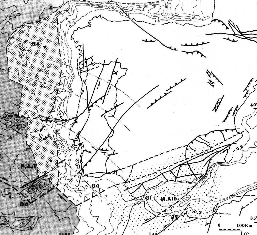 Enquadramento neotectónico do território continental português, integrado o modelo geodinâmico proposto (parcialmente adaptado de Cabral & Ribeiro, 1989b, c).