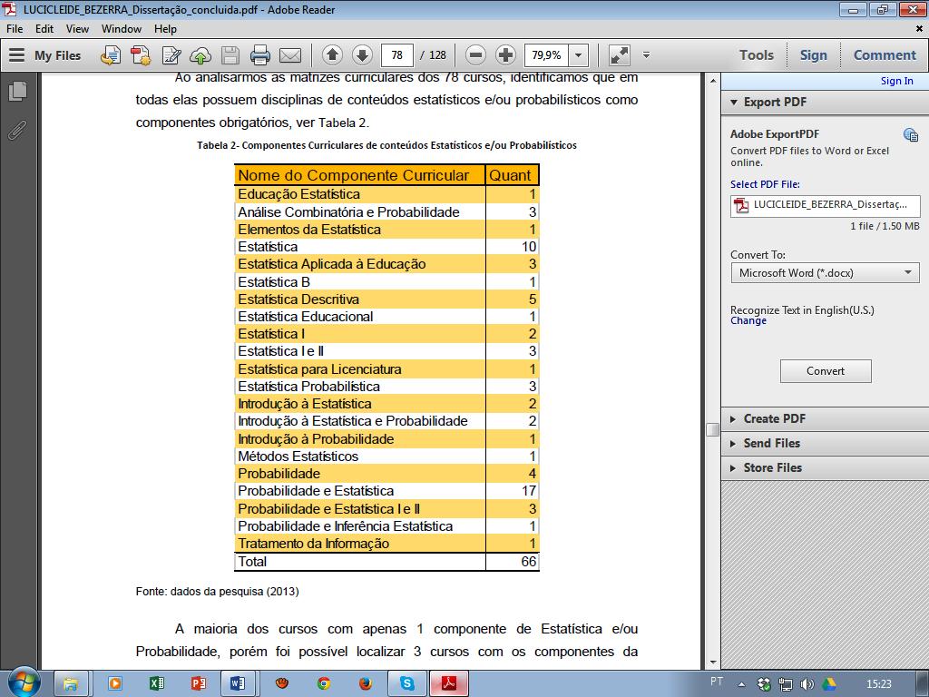 Tabela 1 - Componentes Curriculares de conteúdos Estatísticos e/ou Probabilísticos Fonte: dados da pesquisa (2013) Classificamos os demais componentes curriculares dos cursos pela matriz curricular,