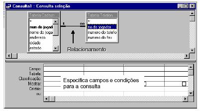 Ao escolher o modo estrutura e ter adicionado as tabelas desejadas para sua consulta você poderá especificar os campos desejados e condições para executar a consulta.