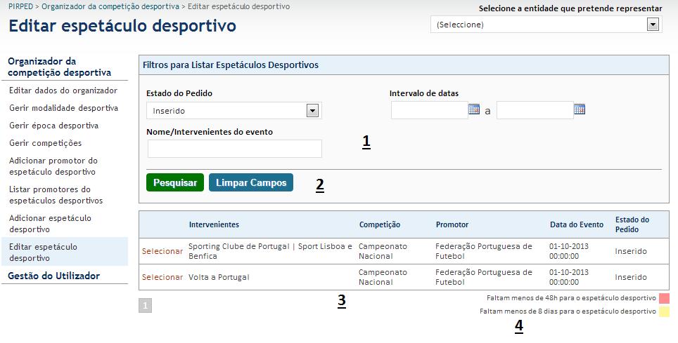 4.4.2.1. Lista de Eventos Desportivos Imagem 22 - Lista de Eventos Legenda da imagem 26: 1. Dados para pesquisa de eventos a.