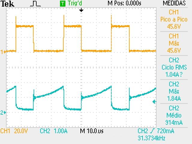 59 Figura 3.3 Resultados de simulação do conversor Buck - tensão e corrente no interruptor. Observa-se que a tensão apresentada na Figura (3.