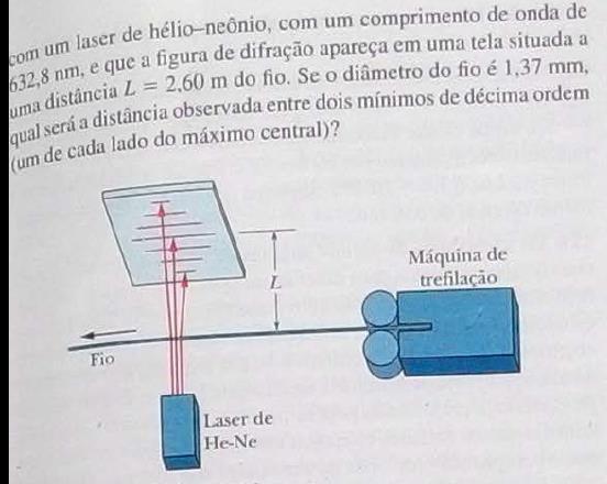 Exercício 3 Suponha que um fio seja iluminado com um laser de HeNe ( = 632,8 nm) e que a figura de difração apareça e uma tela situada a uma distância L=2,60 m do fio.