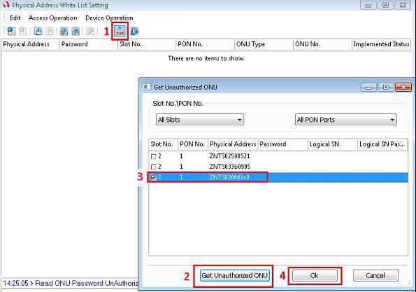 Após clicar ONU Physic_IDaddress Whitelist será aberto uma nova janela onde será possível visualizar as ONUs:» Clicar no ícone (1) Get Unauthorized ONU.