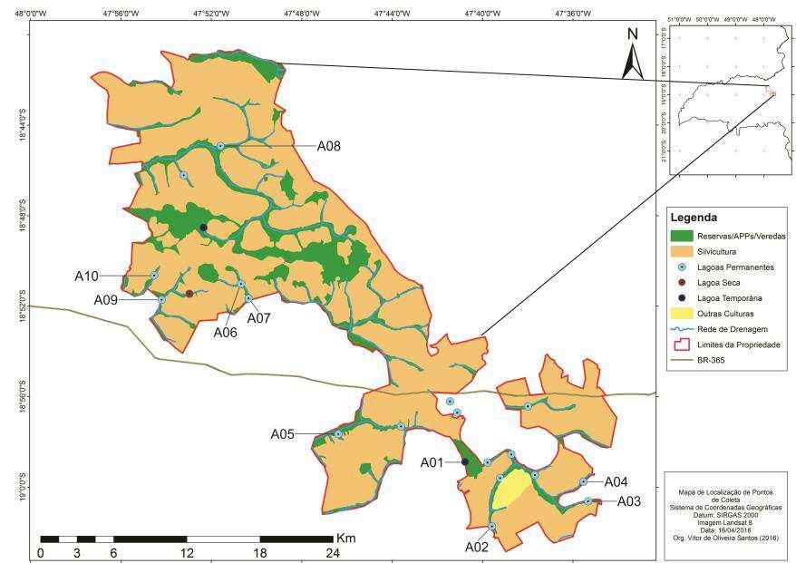 4 Figura 01 Mapa da Fazenda Nova Monte Carmelo (MG) com localização das lagoas utilizadas (A01 a A10) para o levantamento da comunidade de macroinvertebrados bentônicos.