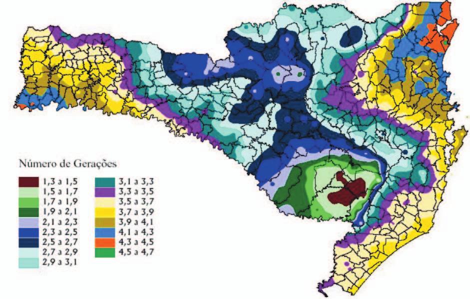March - April 2005 Neotropical Entomology 34(1) 301 Figura 4. Estimativa do número de gerações/ano de A citrina para a cultura dos citros em Santa Catarina.