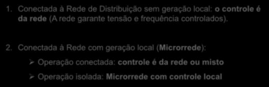 Energia no Campo 1. Conectada à Rede de Distribuição sem geração local: o controle é da rede (A rede garante tensão e frequência controlados). 2.