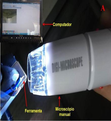 82 A avaliação do desgaste das ferramentas de corte (pastilhas) foi efetuada através do Microscópio Óptico Mitutoyo TM 500, com uma ampliação de 30X e uma resolução de 1 µm, conforme se observa na