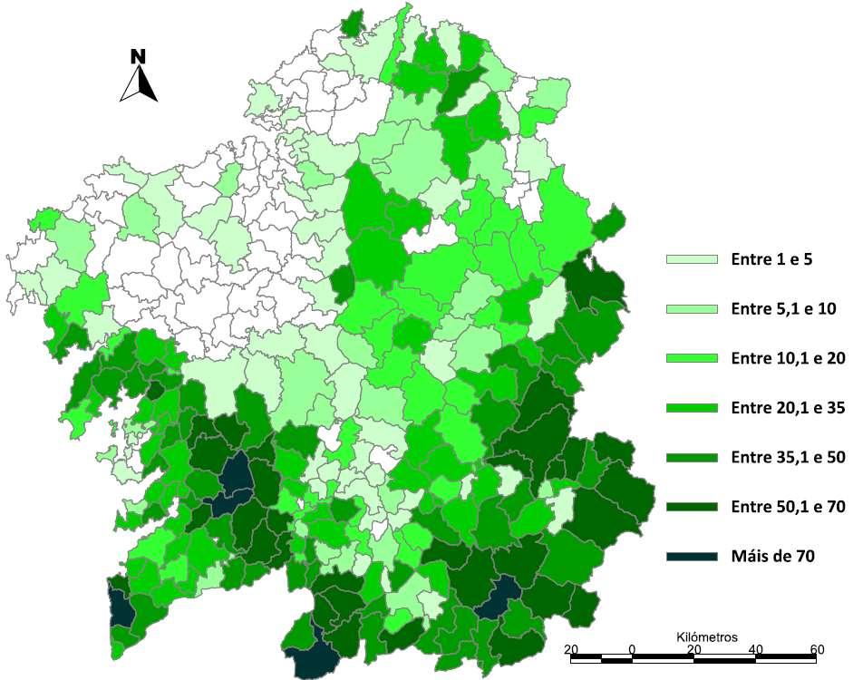 Os Montes Vizinhais em Mão Comum Superfície comunitária em relação com a total por concelho. %.