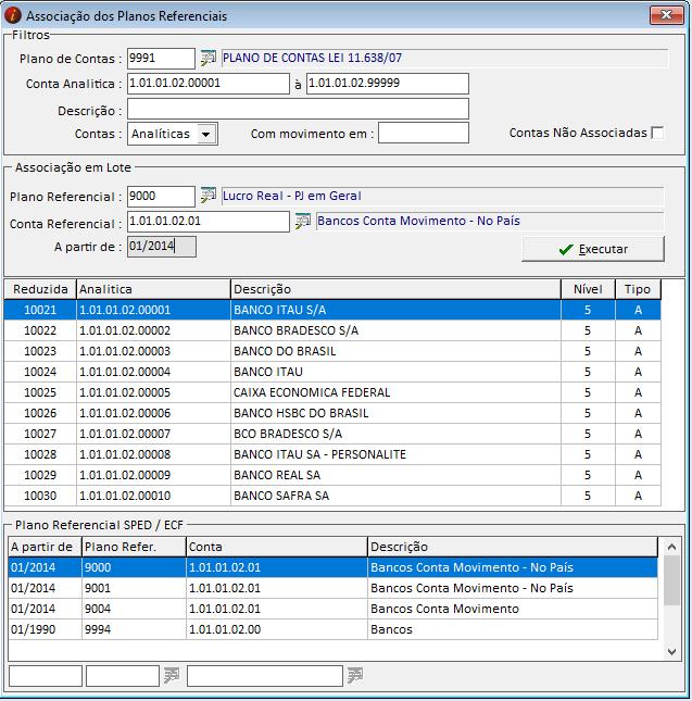 SPED ECF Associação de Contas (Coletiva) Exportações/Associação dos Planos Referenciais -> Esta ferramenta permite a associação de várias contas de uma única vez, é muito útil para associar contas de