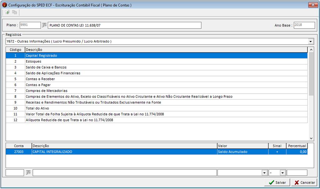 SPED ECF Configurações Plano de Contas Exportações/SPED ECF Escrituração Contábil Fiscal -> Configurações