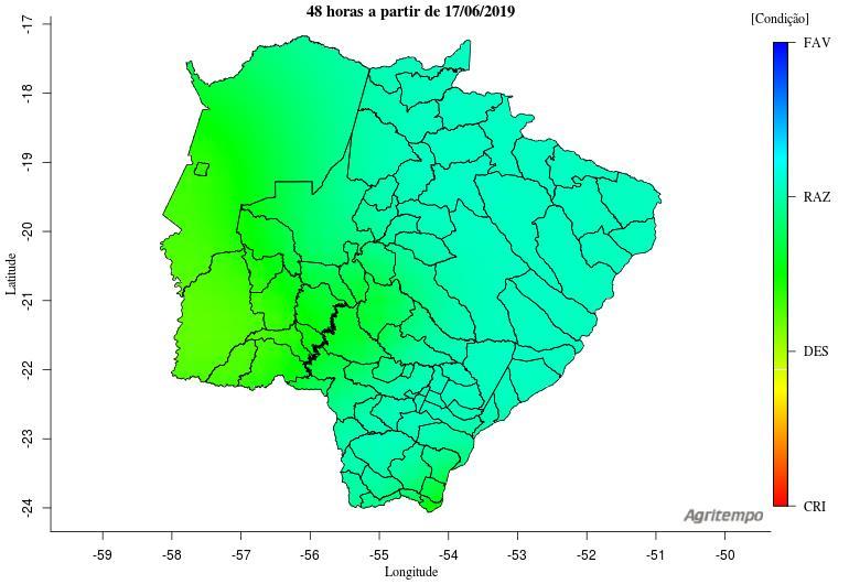 Condições para Colheita De acordo com o modelo Agritempo (Sistema de Monitoramento Agro Meteorológico), nas regiões com coloração esverdeadas, em um período de 48 horas a partir da