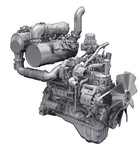 Pós-tratamento para trabalhos duros O sistema de pós-tratamento combina um Filtro de Partículas Diesel da Komatsu (KDPF) e a Redução Catalítica Selectiva (SCR).