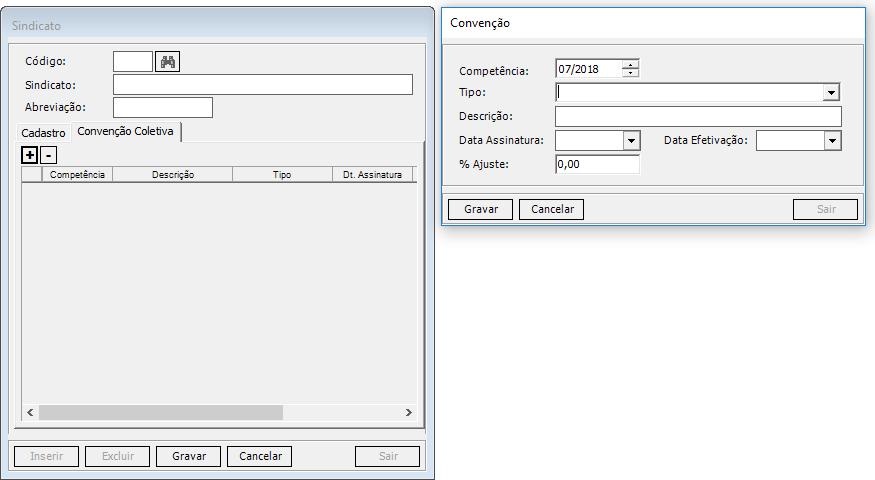 Cmpetência: selecinar mês de cmpetência da cnvençã. Tip: selecinar tip da cnvençã acrdad. Descriçã: inserir descriçã para a cnvençã. Data assinatura: infrmar data de assinatura da cnvençã.