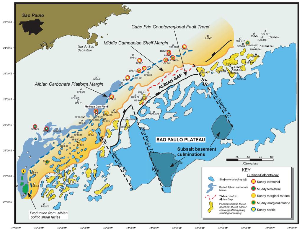 10 Figura 3 - Reconstituição paleogeográfica e paleogeológica do Campaniano médio na bacia de Santos mostrando o antigo limite da plataforma continental, as principais feições tectônicas e as areias