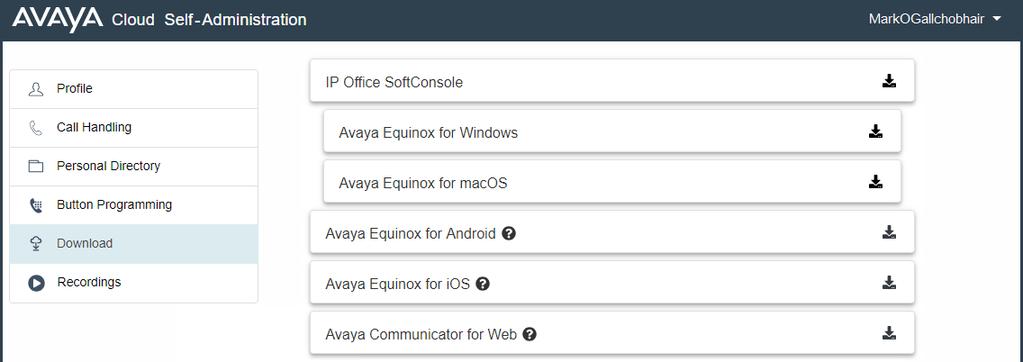 Os menus de autoadministração Menu Baixar Esse menu exibe links para os instaladores de aplicativos que talvez você possa usar.