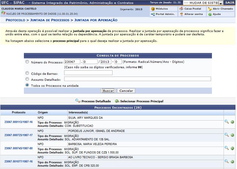 O sistema listará todos os processos encontrados no banco de dados do sistema.