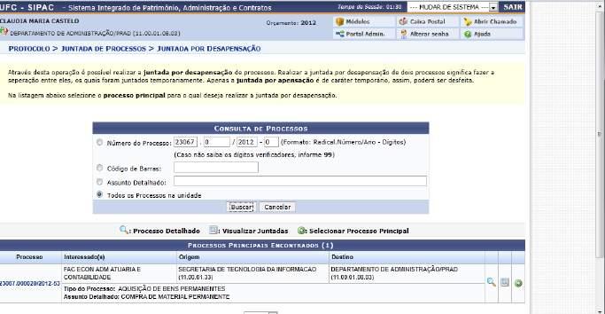 usuário para a página inicial desta operação., o 5-Registrar Recebimento - item já descrito na página 16 6-Desapensação de Processo Esta funcionalidade realiza a desapensação de processos.