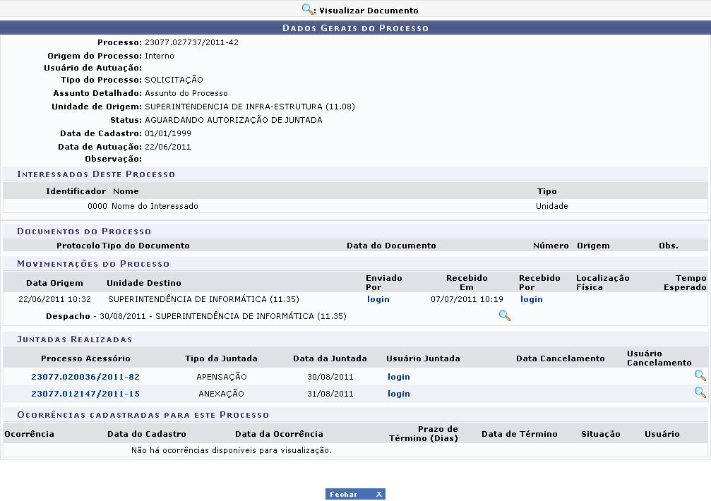 A partir da lista de Processos Encontrados, é possível visualizar os detalhes do processo, visualizar as juntadas do processo e/ou cancelar a juntada.