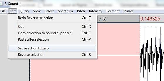 2) No menu superior, em Edit - opção set selection to zero (figura 32): Figura 32 Exemplo da edição do trecho referente à consoante em posição tônica etapa (2) da manipulação tipo D.