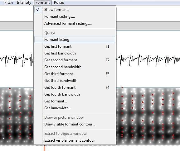 Figura 27 Exemplo da extração automática de formantes opção Fomantlisting do menu inicial Formant. (III) Transição do primeiro, segundo e terceiro formantes (F1.