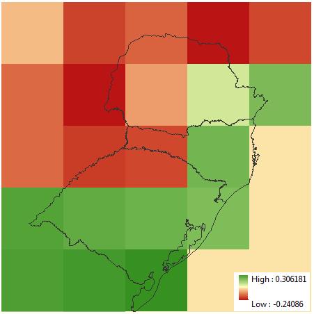 a) b) c) Fig. xx. Mapas de correlação entre a severidade observada e simulada da ferrugem da soja para o período 1982-2005.