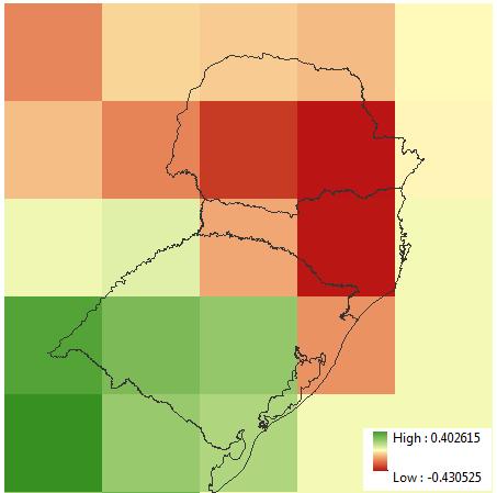 Maps de score de Brier entre observada e simulada severidade da ferrugem da soja para o período 1982-2005.