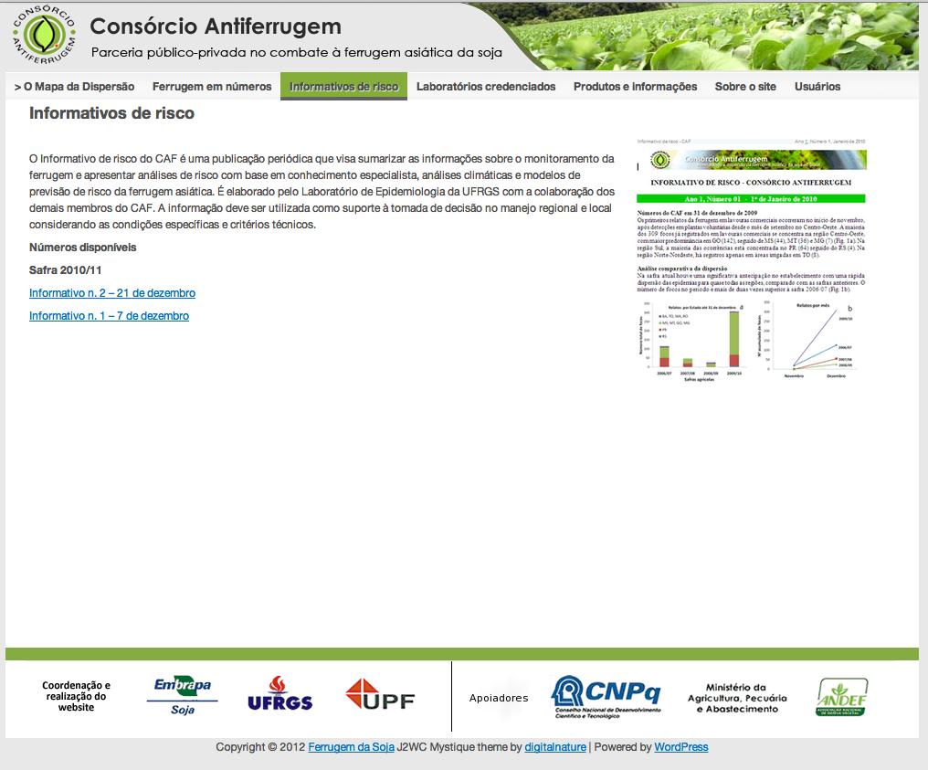 Figura 1. Tela inicial da página dos informativos de risco da ferrugem asiática da soja no site www.consorcioantiferrugem.