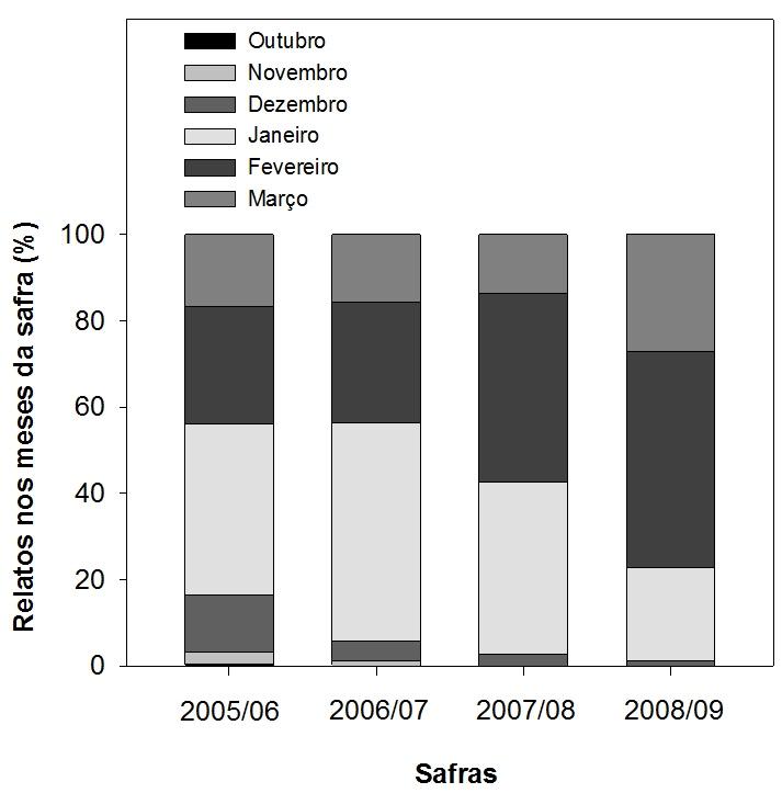 Figura 4. Relatos de focos da ferrugem asiática em lavouras comerciais no Brasil nos meses. Safras 2005/06-2008/09.