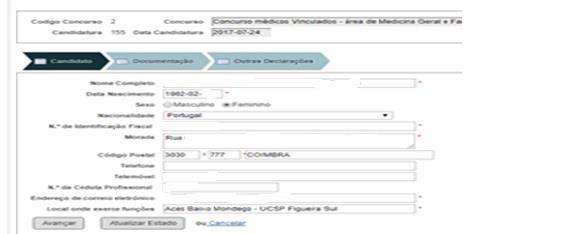 No campo Candidato, onde é solicitada a indicação do local onde exerce funções, consoante o caso, deverá: a) Para os candidatos que exercem funções no SNS (Com vínculo não definitivo): a.