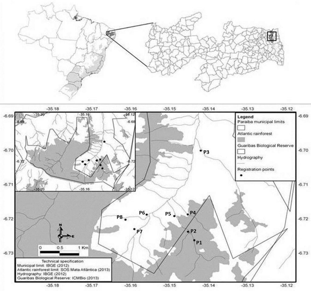 54 Fig. 2 Localização da Reserva Biológica Guaribas (Sema II Mamanguape-PB) com indicações dos pontos amostrais.