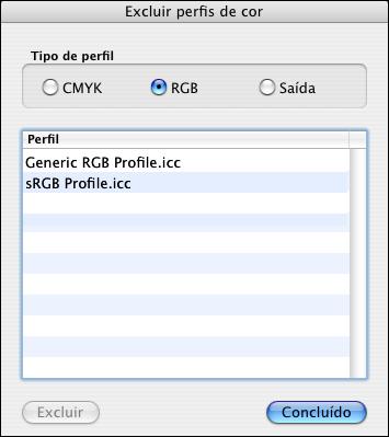 GERENCIAMENTO DE PERFIS 13 Exclusão de perfis É possível excluir qualquer perfil personalizado de RGB, de CMYK ou de saída do Splash RPX-i.