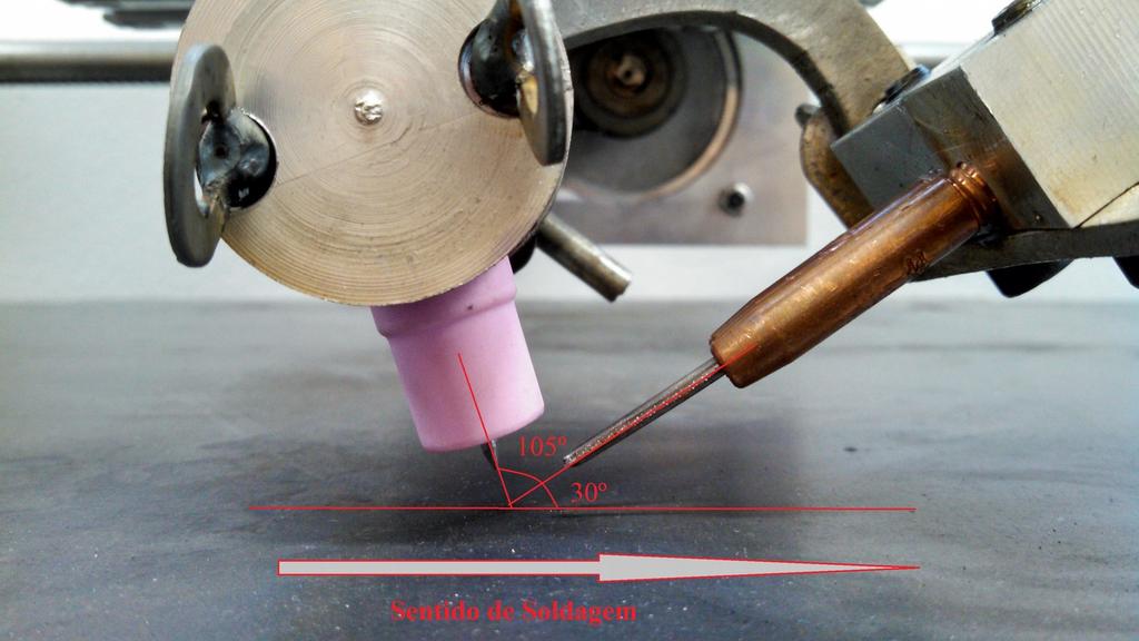de soldagem de 115 Amperes (±3). A velocidade e o grau de alimentação de arame foi 0,84 m/min e 30º, respectivamente, tanto para um quanto para dois arames.