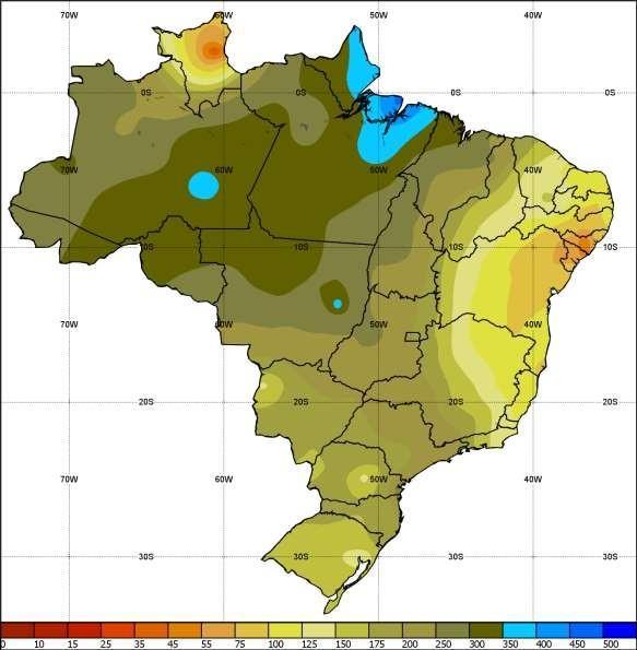 A.2 Média climatológica de chuva acumulada para o mês de fevereiro Figura A3 Média climatológica (1981-2010) de precipitação acumulada para o mês de fevereiro. A.3 Notícias associadas Ambulância cai em lago de parque devido à chuva, em Goiânia - https://g1.