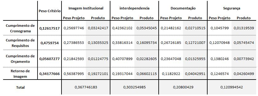 O cruzamento entre todas as avaliações dos critérios em todos os atributos e a importância dos atributos determina os pesos finais dos requisitos para avaliação do portfólio.