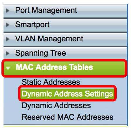 Etapa 2. No endereço dinâmico os ajustes paginam, incorporam o período de tempo depois do qual o MAC address inativo é removido da tabela dinâmica do MAC address no campo do tempo de envelhecimento.