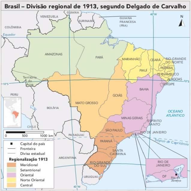 primeira divisão do brasil - 1913 - Geografo frances Delgado de Carvalho - Criterios fisicos ou