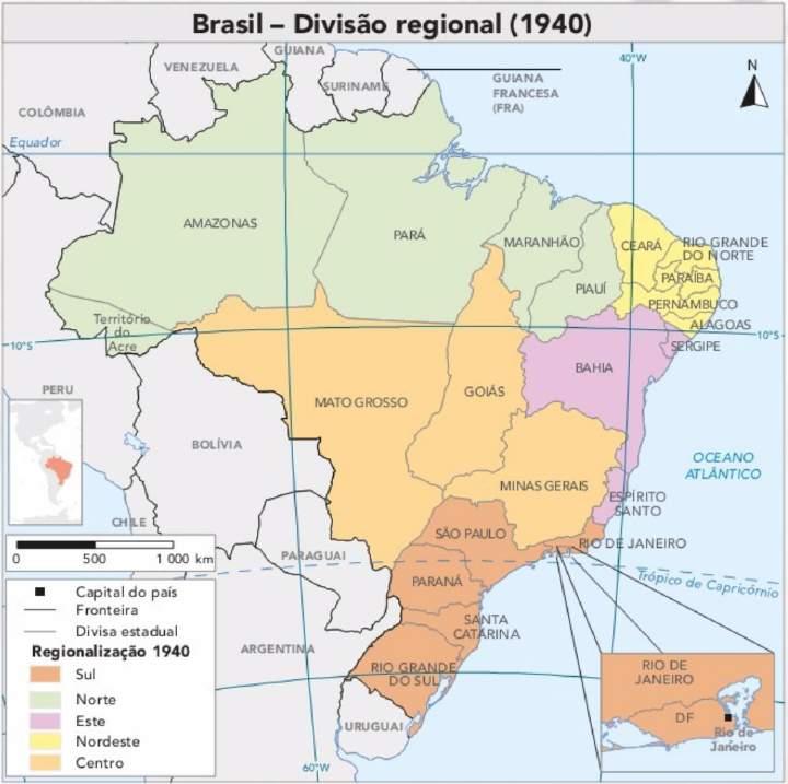 divisão regional - 1940 Criação do IBGE - 1937 primeira divisão oficial do território brasileiro com o propósito de auxiliar nos planejamentos das ações