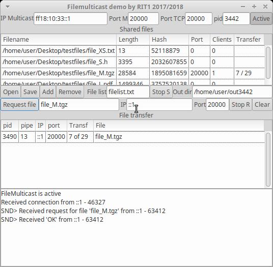 demonstração totalmente funcional (demo_filemulticast + demo_filemulticast.glade), representado abaixo.