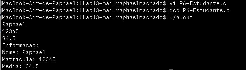 #include <stdio.h> struct estudante char nome[50]; int matricula; float media; s; int main() scanf("%s", s.nome); scanf("%d", &s.matricula); scanf("%f", &s.