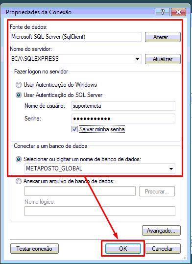 1.2. Na tela de Propriedades da Conexão, faça a conexão com o banco de dados do global e sua