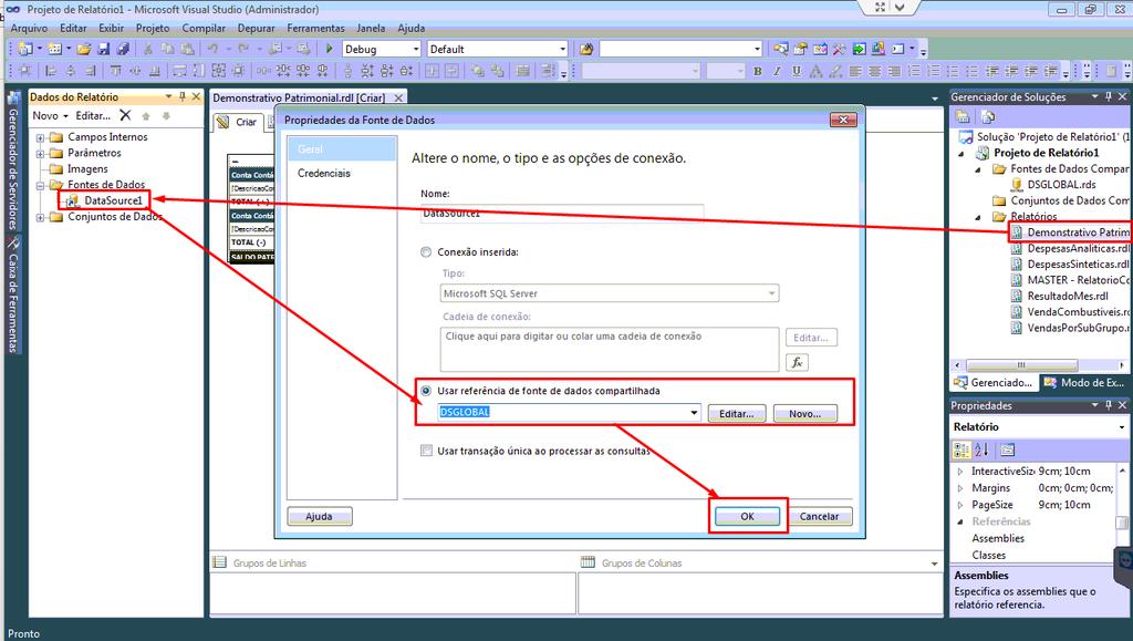 1.5. Após adicionar os relatórios clique duas vezes e abra um por um, clique em Fonte de Dados > Data Source1 com o botão direito e