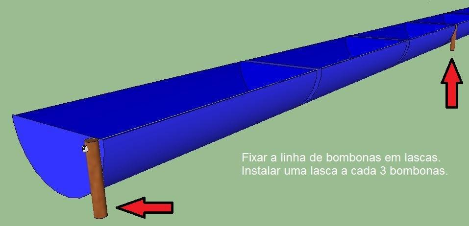 Instalar uma lasca a cada 3 bombonas a uma profundidade de no mínimo 0,6 m e altura suficiente para que o esticador fique no nível dos furos (Figura 5). Figura 5.