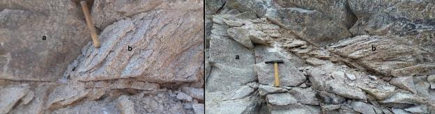 Diferentes tipos litológicos encontrados na pedreira. Em (a) sienogranito. (b) monzogranito.