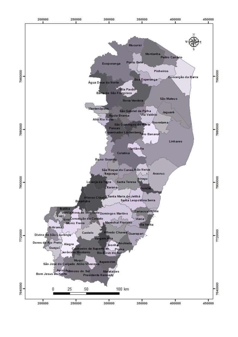 32 4 MATERIAL E MÉTODOS 4.1 Área de estudo e população sob estudo O estudo foi conduzido no estado do ES, que possui 78 municípios distribuídos em uma área de 46.096,925 km 2 (IBGE, 2015).