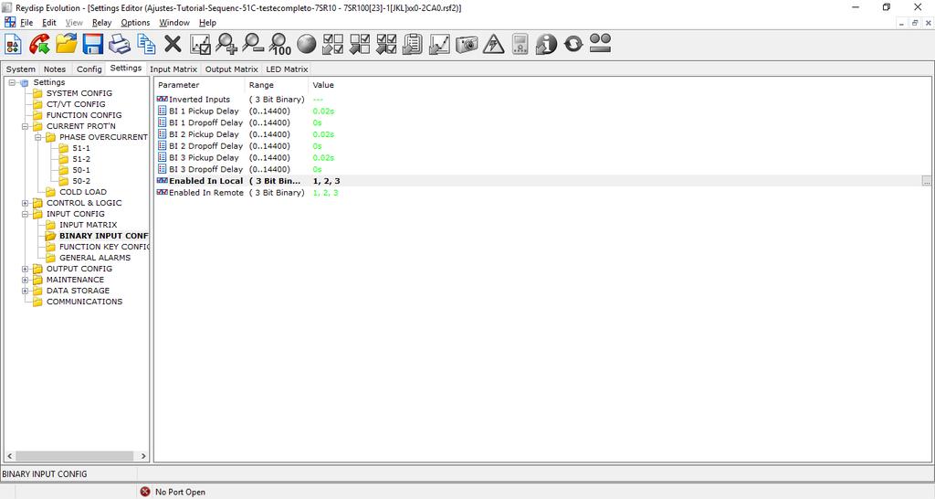 12 Ainda dentro de INPUT CONFIG, acesse BINARY INPUT CONFIG e garanta que os recursos Enabled in Local e Enabled in Remote estejam direcionados aos 3 bits disponíveis (1, 2 e 3), conforme destaca a